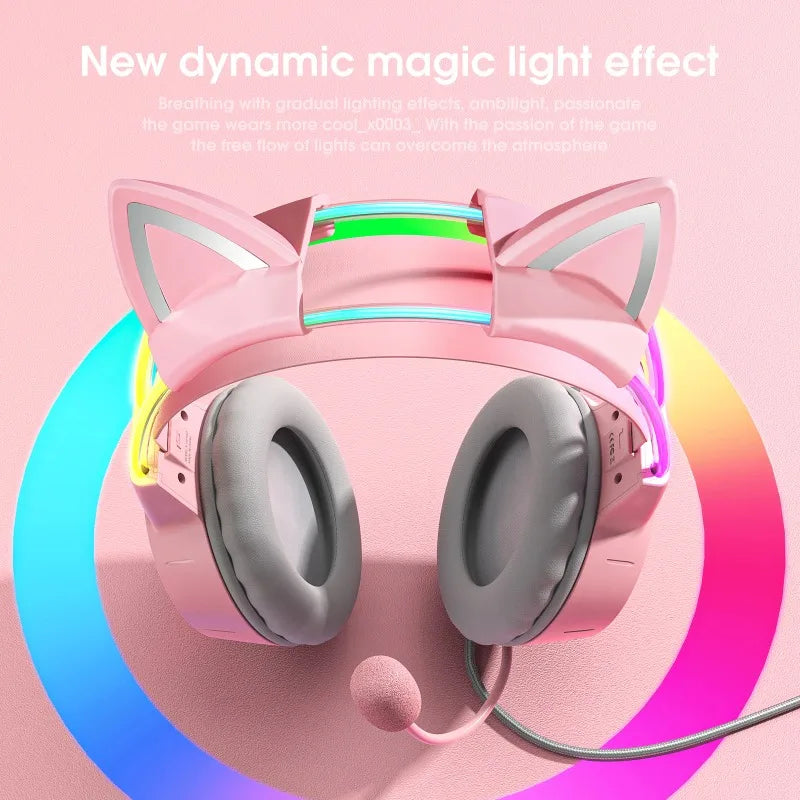 ONIKUMA X15 Pro Pink Cat Ear Gaming Headset Wired RGB Headphones 50MM Driver 3.5MM Stereo Sound Flexible Mic for PC PS4 PS5 Xbox