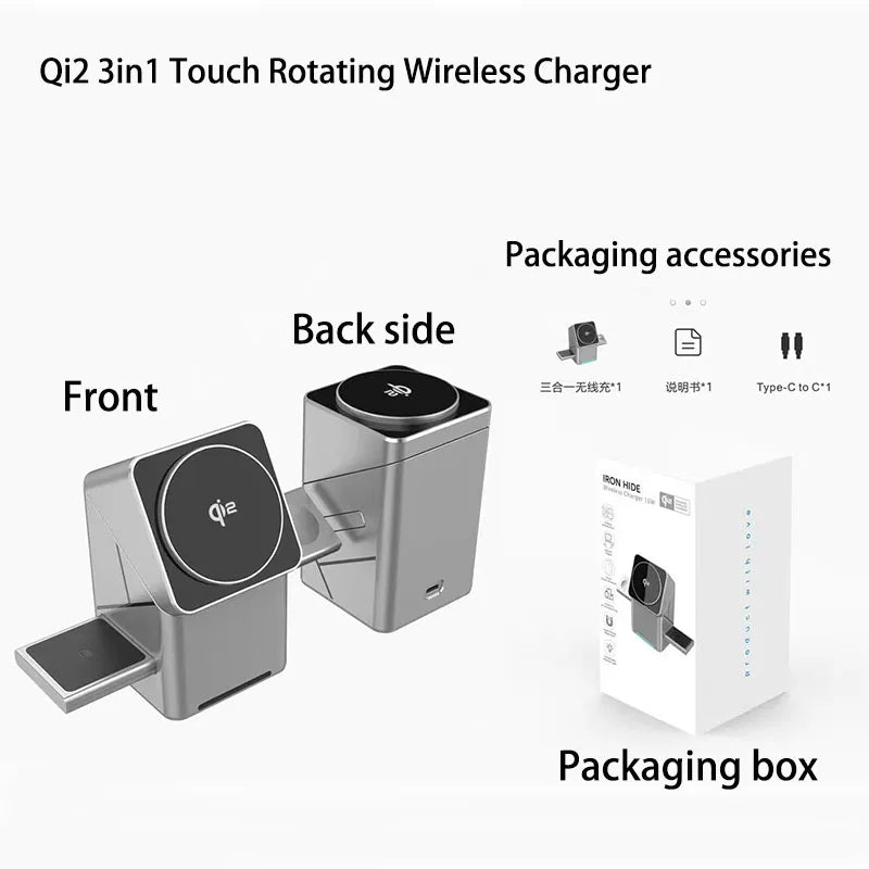 Rotating Qi2 3in1 15w Magnetic Wireless Charger Stand For iPhone 16 15 14 13 12 Max iWatch Airpods Fast Charging Dock