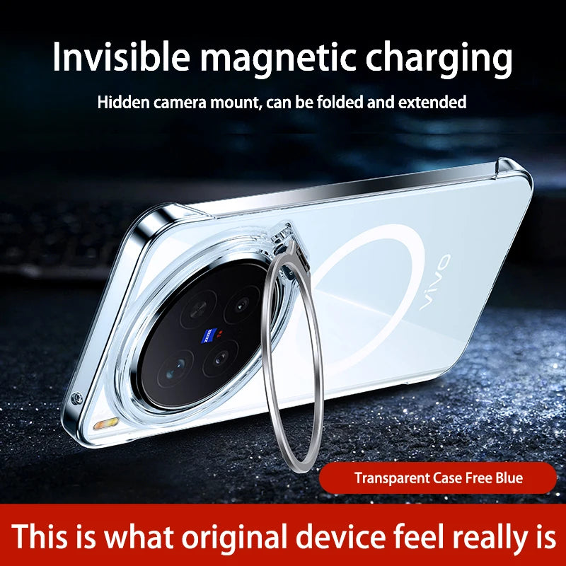 Acrylic Slim Frameless Transparent Case For Magsafe VIVO X300S X300 Pro Ultra Wireless Charging Lens Metal Stand Holder Cover