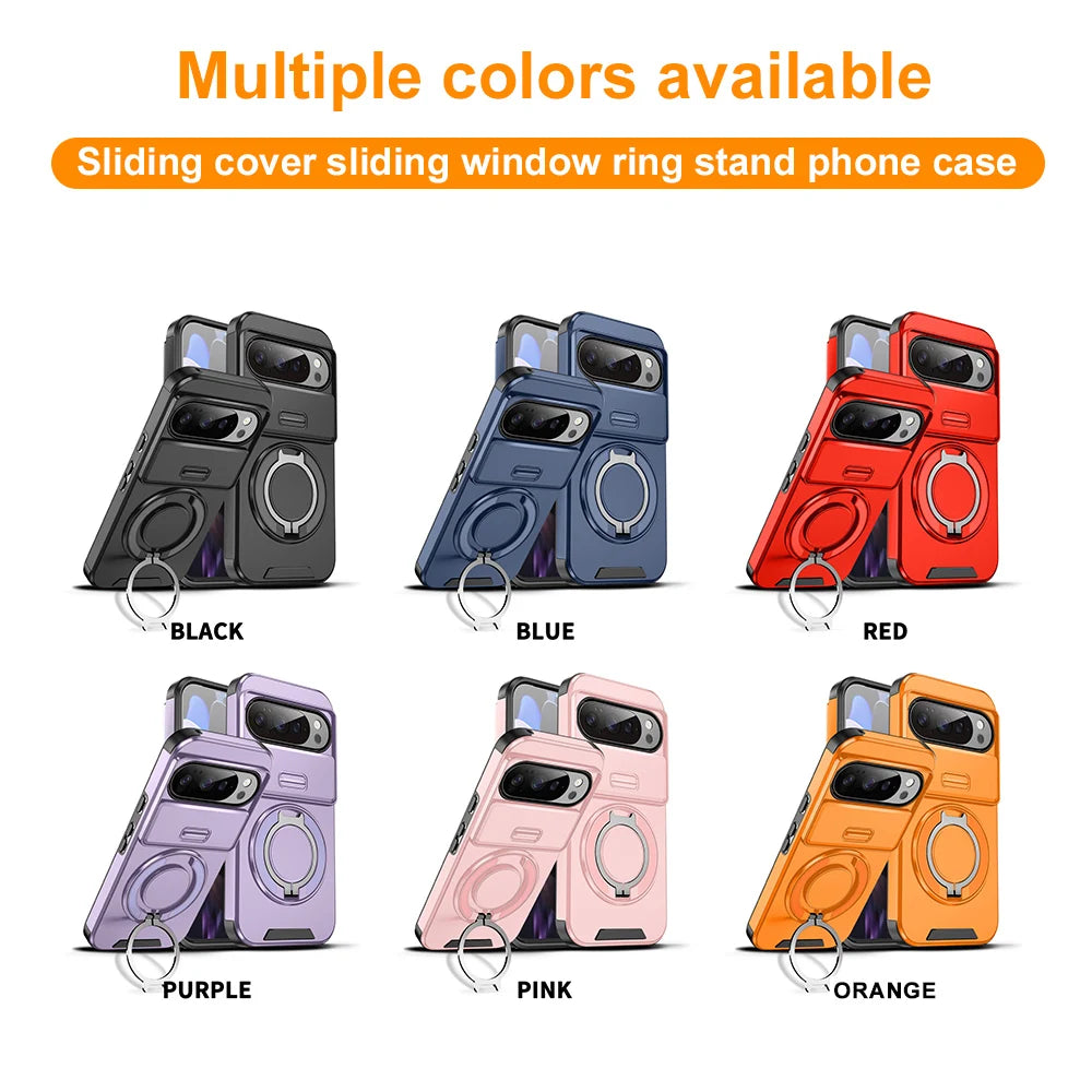 Heavy Duty Rugged Phone Case for Google Pixel 10 9 Pro XL 7 8 9 10 Pro 8A 9A Cases with Sliding Lens Cover Ring Kickstand Funda