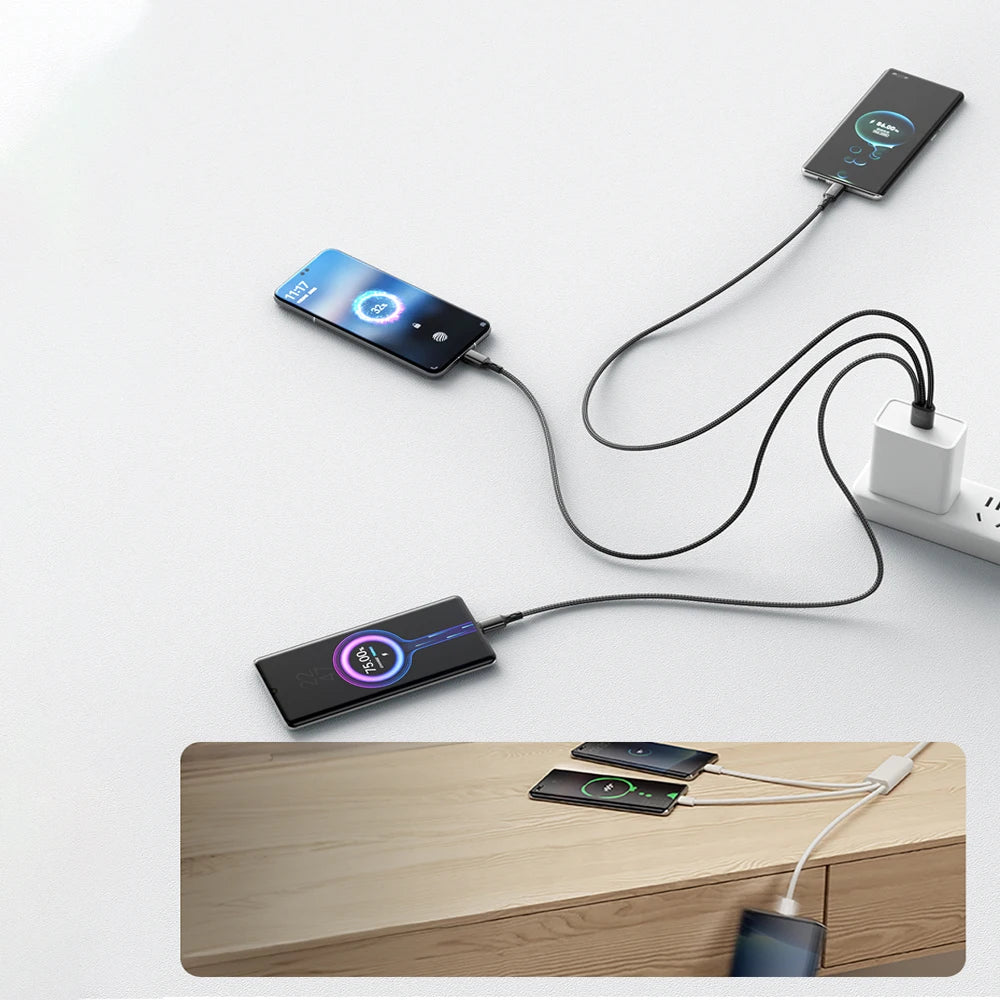 240W USB C Phone Charger Fast Charging Wall Adapters 100W 6A 3 In 1 USB-A to 3 ×Type-C Data Cables For iPhone 15 Samsung Xiaomi