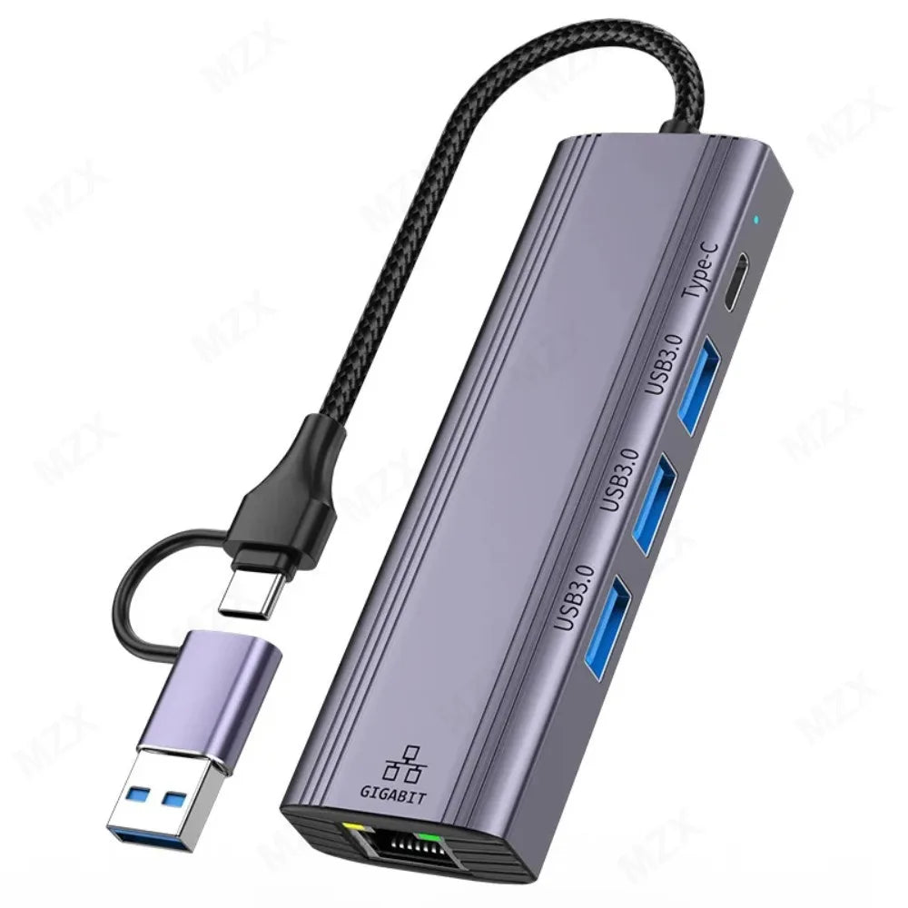 MZX USB A Type C 3.0 Hub to RJ45 Network Card Converter 1000Mbps Ethernet Concentrator Adapter Docking Stattion Splitter Dock
