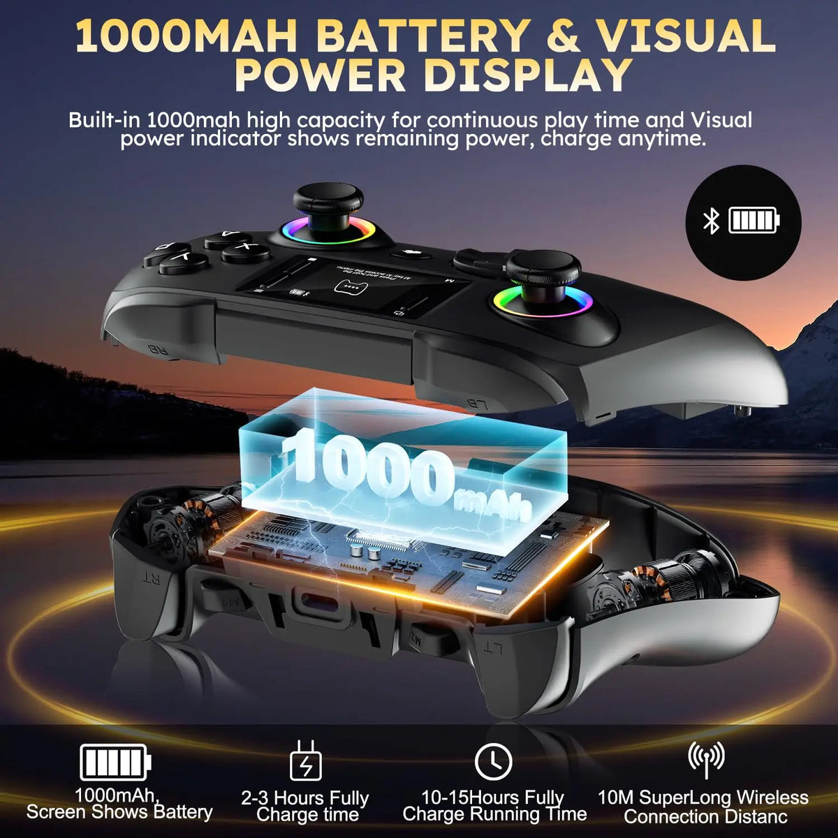 Wireless gaming controller with an interactive screen, compatible with PC, PS4, Switch, Android, and iOS devices. Features 4 programmable buttons, rapid-fire functionality, a 6-axis gyroscope, dual vibration feedback, and RGB