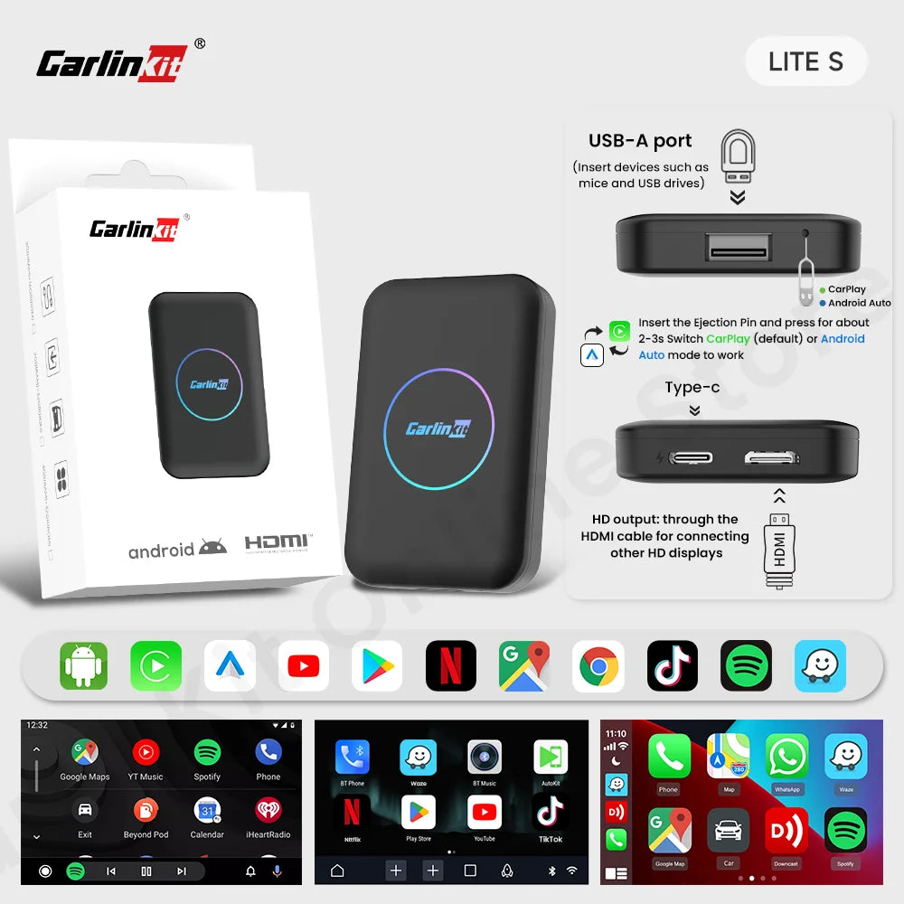 CarlinKit LiteS Android Tv Box Wireless Carplay Android auto Adapter Support Youtube Netfilx IPTV Spotify Car Radios Accessories