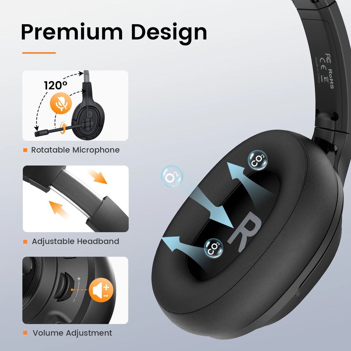 EKSA H2 Office Headset with Mic USB Wired Headphones ENC Noise Cancelling Over-Ear 40mm Mute Switch Volume Control Call Center