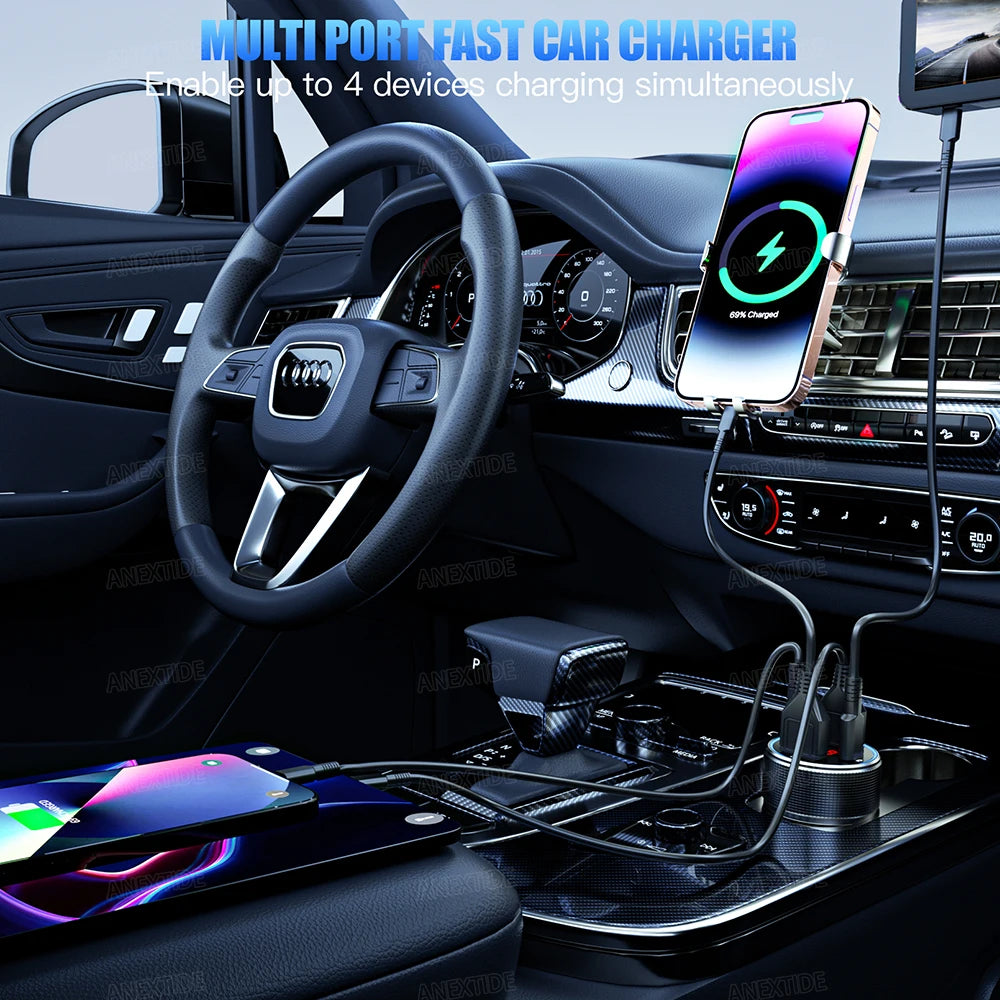 4 Port 126W Metal USB C Car Charger with Voltmeter, 2 USB-C & 2 USB-A Fast Charging Cigarette Lighter Adapter for iPhone Samsung