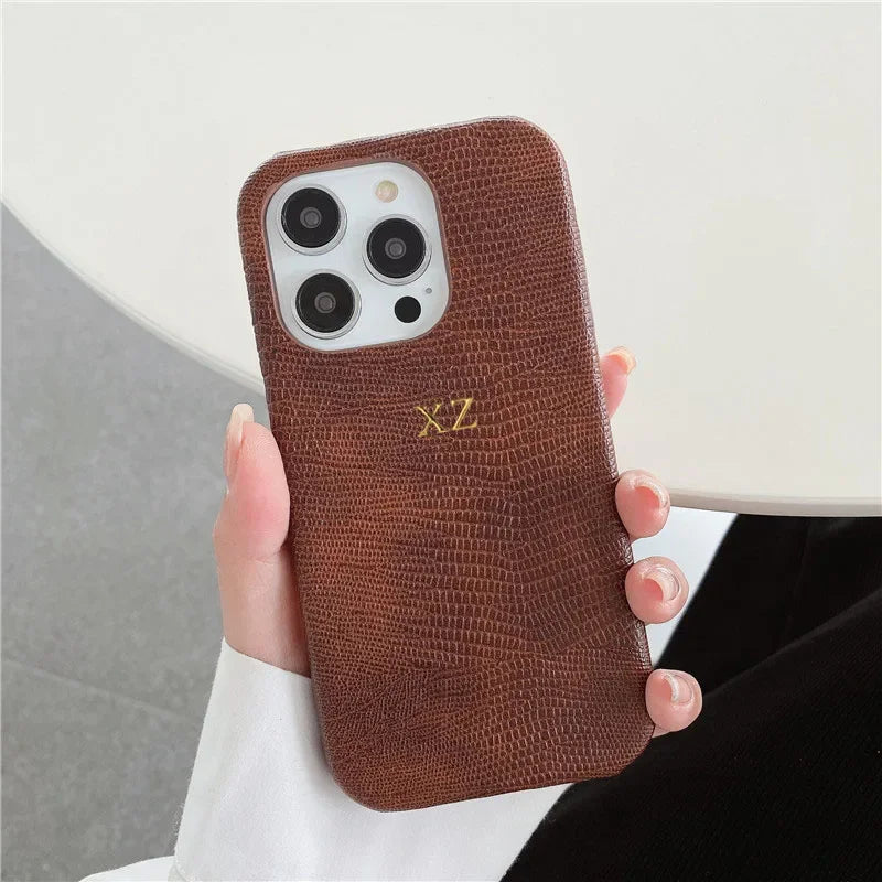 Personalise Gold Initials Letters Leather Case For Iphone 17 Pro Max 16 15 14 13 Pro Max Luxury Lizard PU Hard Cover