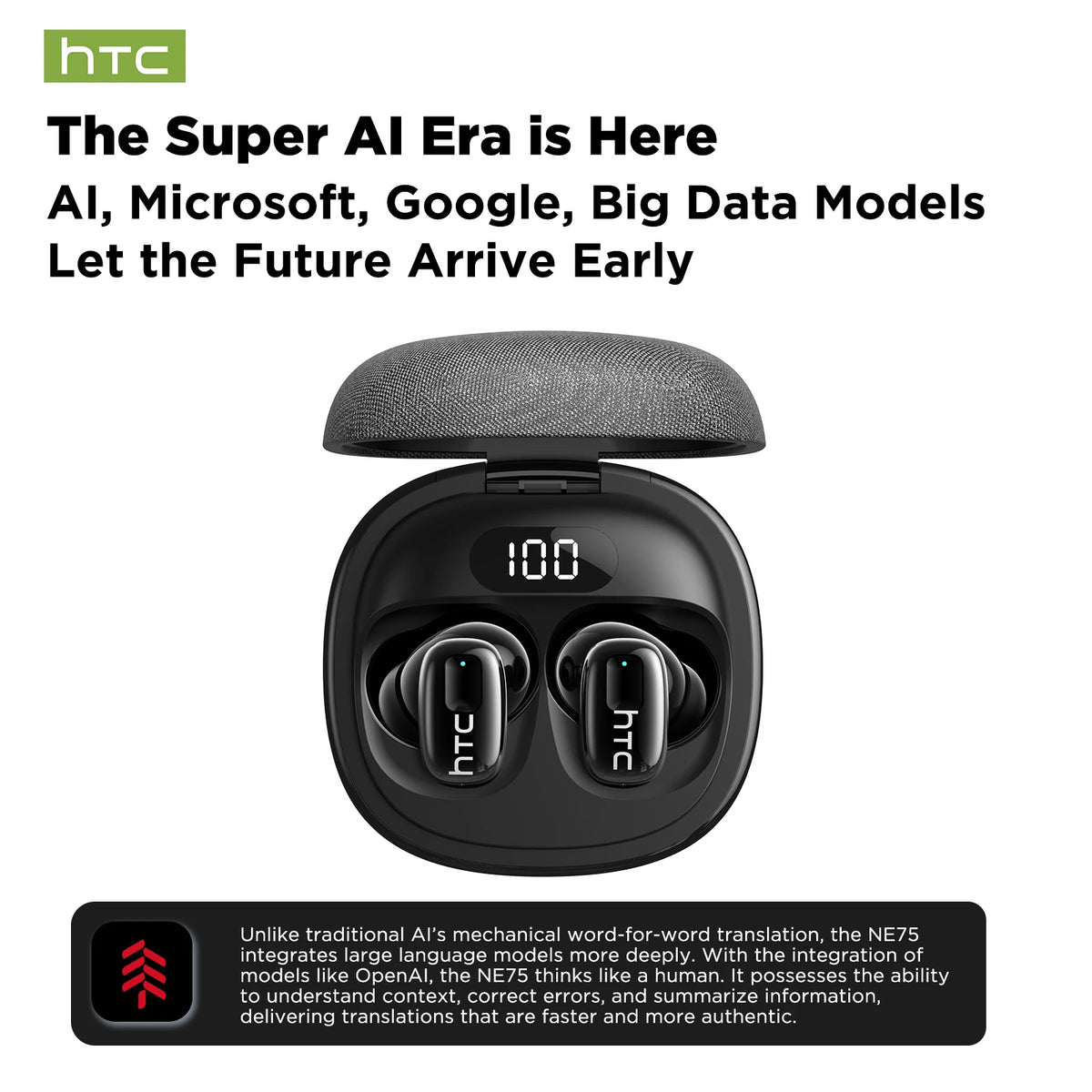 AI Translate Earbuds HTC NE75 Noise Reduction In Ear Wireless Earphone Bluetooth Compatible With Phone Laptop Computer Headphone