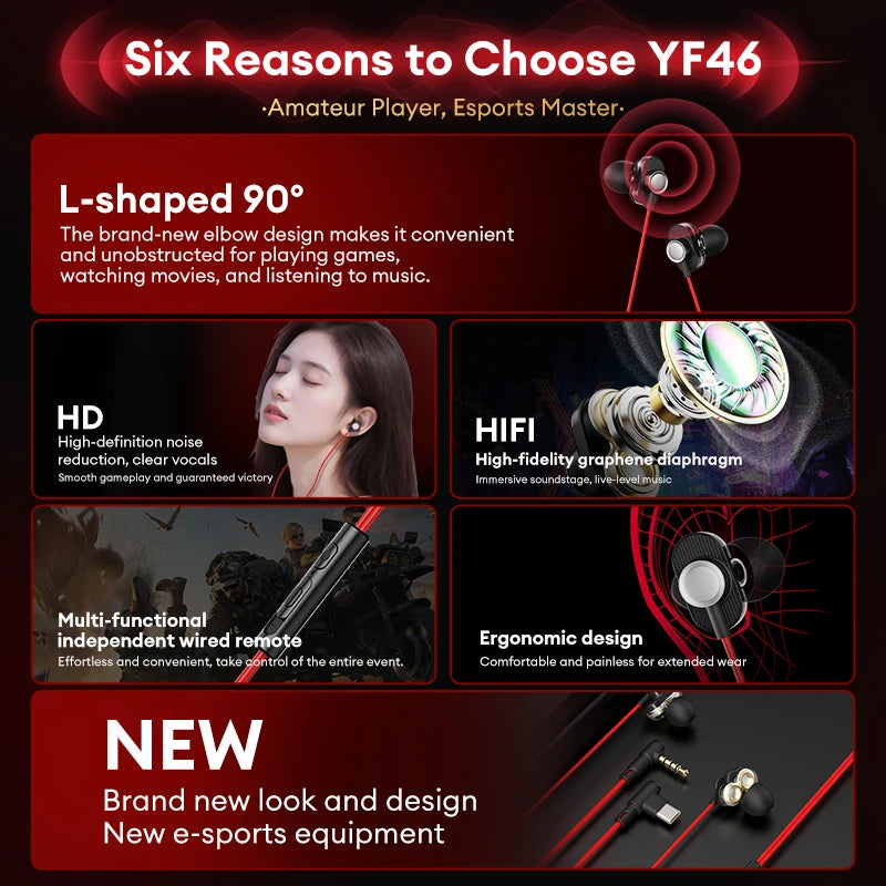NEW Lenovo YF46 Wired Headphones In-Ear Gaming Earphones 3.5mm/Type-C Lightweight Earbuds With Mic For Mobile Phones Computers