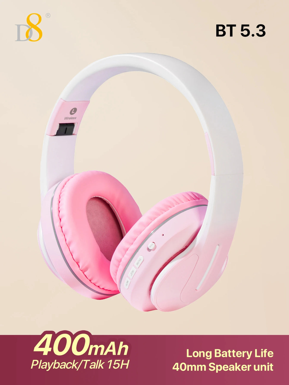 D8 Over Ear Headphones, Wireless and Wired Headset Built-in Microphone, Micro SD Card Slot - (Stealth) 40H Playtime