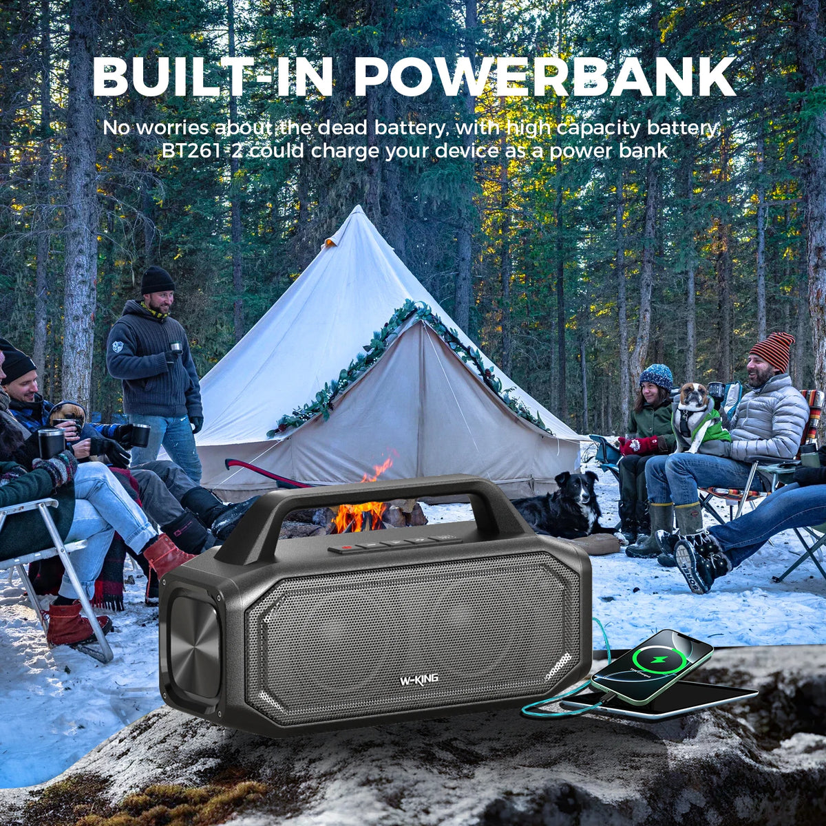 W-KING BT261-2 Bluetooth Wireless, 80W Portable Outdoor Speakers Loud with Bass Boost, Stereo Pairing, Reverse Charging, IPX6 Waterproof