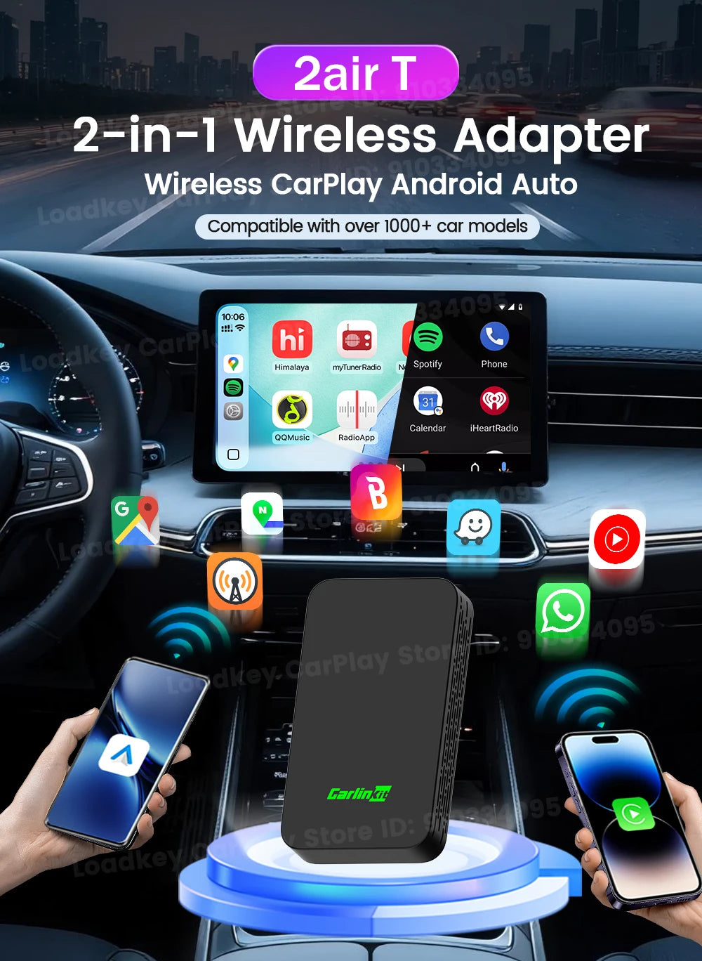 Carlinkit 5.0 2air Wireless CarPlay Android Auto Wireless Adapter 2in1 Plug and Play Auto Connection 5.8Ghz WiFi Bluetooth GPS