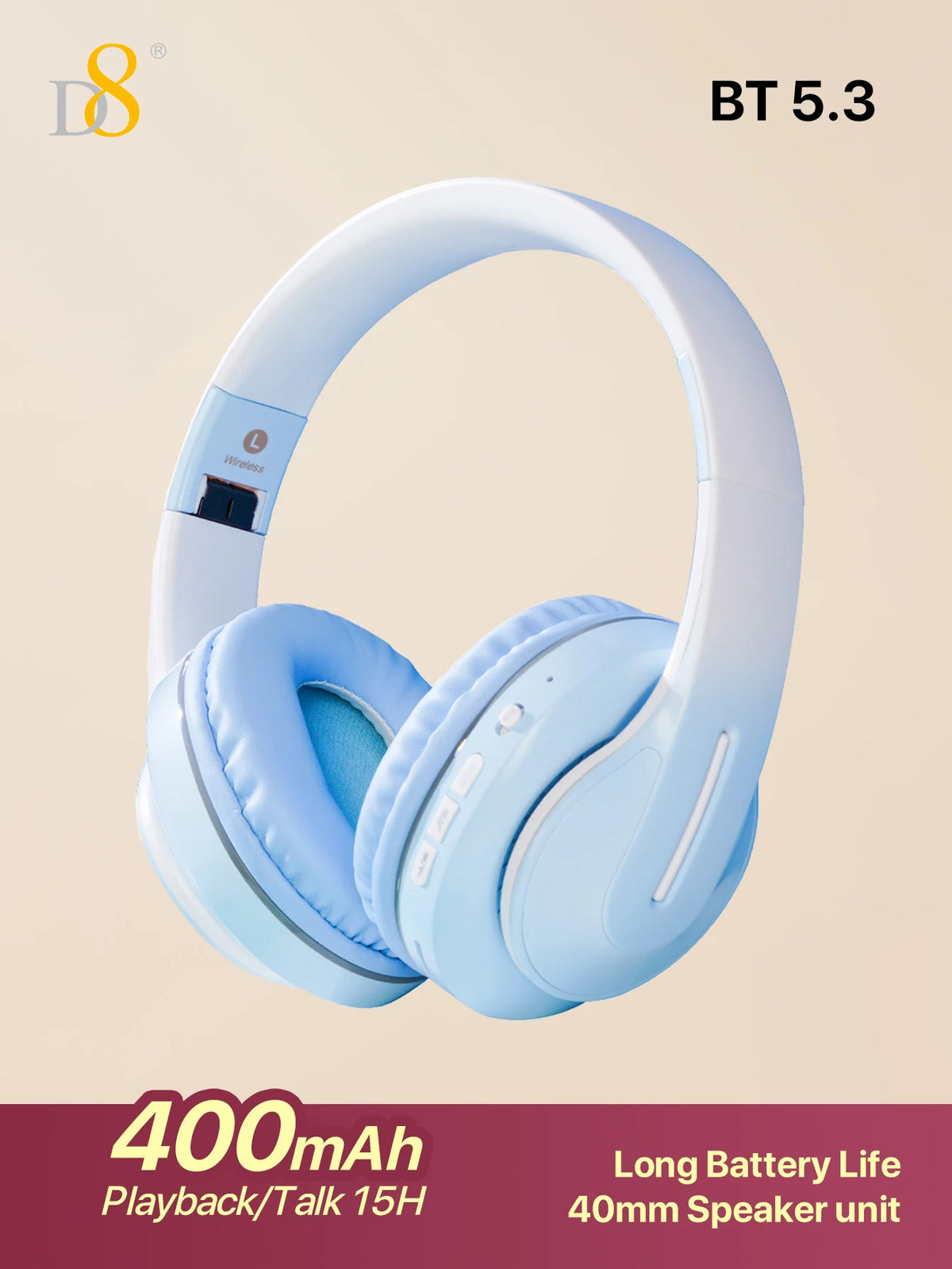D8 Over Ear Headphones, Wireless and Wired Headset Built-in Microphone, Micro SD Card Slot - (Stealth) 40H Playtime