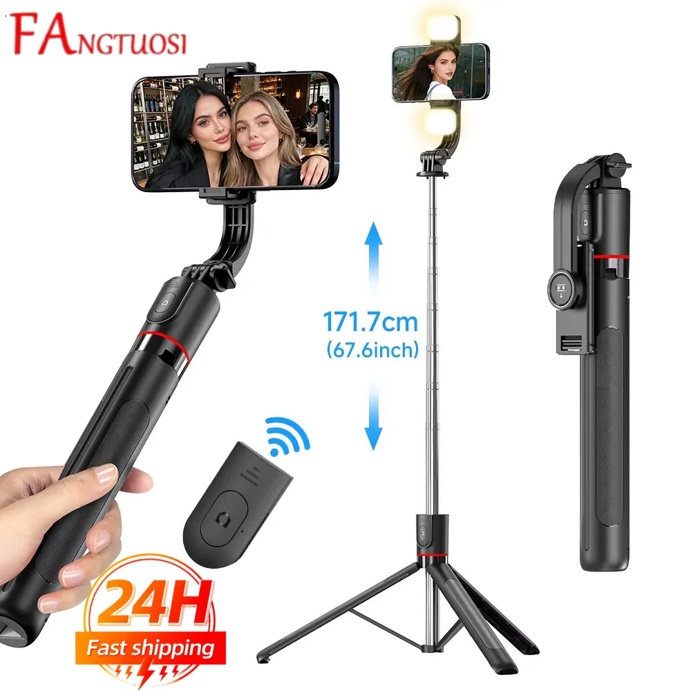 FANGTUOSI Selfie Stick Tripod with Bluetooth Remote, 6-Section Extendable Pole, 360° Rotation, Fill Light Option, for Phone Vlog