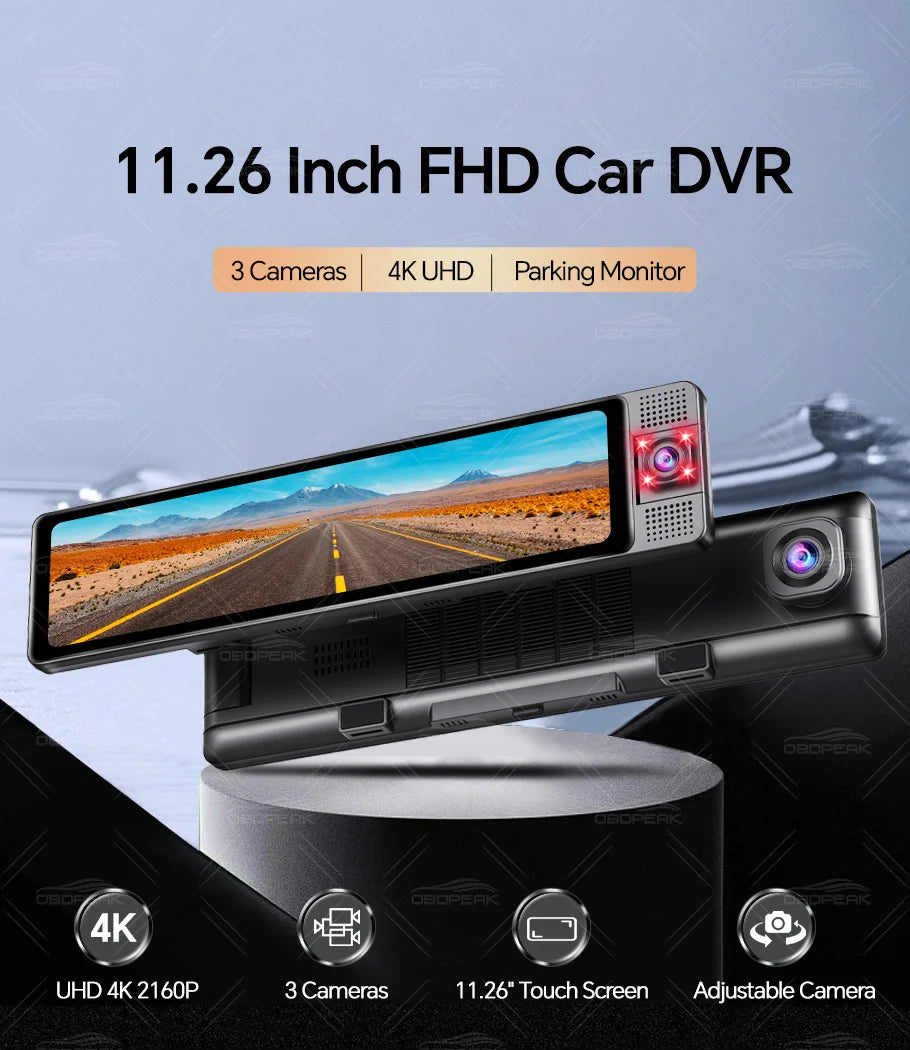 OBDPEAK 3 Camera Dash Cam 4K Car DVR Front Inside Rear 1080P GPS Tracking Night Vision Video Registrator Dashcam Parking Monitor