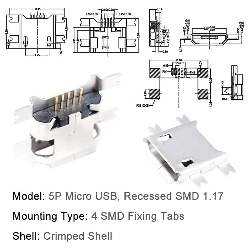 10PCS Micro USB Android Female Charging Socket, Flat Edge Crimped Type, 5Pin, 4 Mounting Pins, SMD & DIP Tail Connector