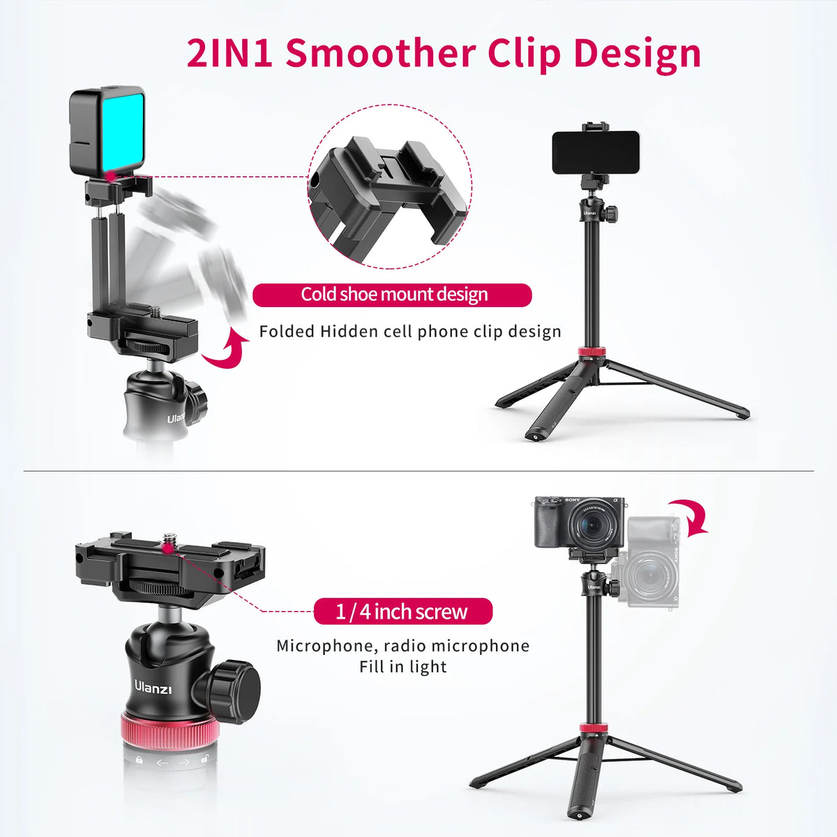 Ulanzi MT-44 1.46M Extend Selfie Stick Tripods Tripod With Phone Clamp For Cameras Cellphone Samsung iPhone Huawei Xiaomi Stand