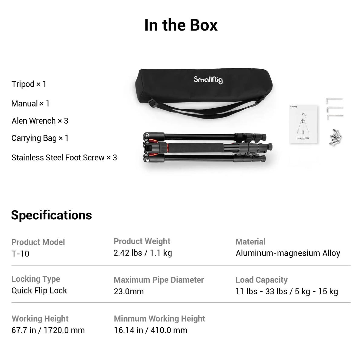SmallRig T-10 Aluminum Tripod Compact lightweight Foldable Tripod Can Load 15kg Suitable Various Scenarios for Camera Phone 3983