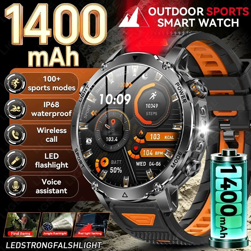 LIGE New 1400mAh Battery Smart Watch Men BT Call Waterproof Heart Rate Monitor Flashlight & SOS Red Light Sports Smartwatch Men