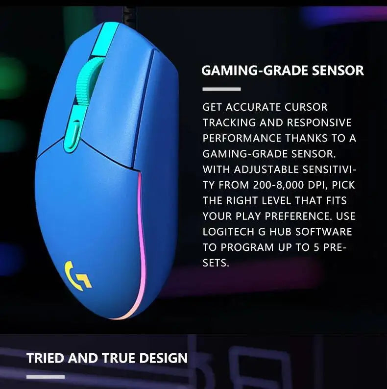 Logitech G203 Prodigy Wired Gaming Mouse 8000 DPI RGB Lighting 6 Buttons On-Board Memory 2.1m Cable Windows ChromeOS