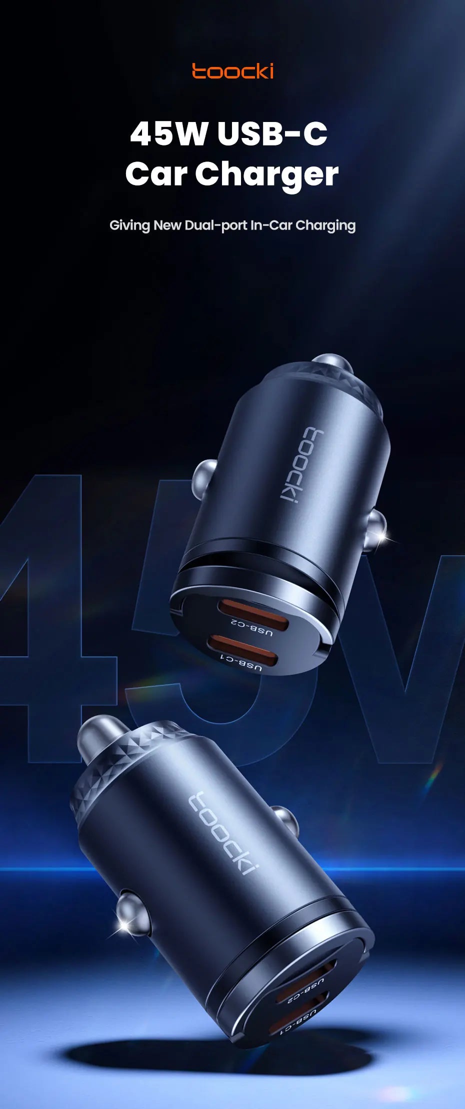Toocki 45w Car Charger Dual Type C PD45w Fast Charging Car Phone Adapter For Xiaomi iPhone Oneplus Samsung Huawei POCO Cellphone