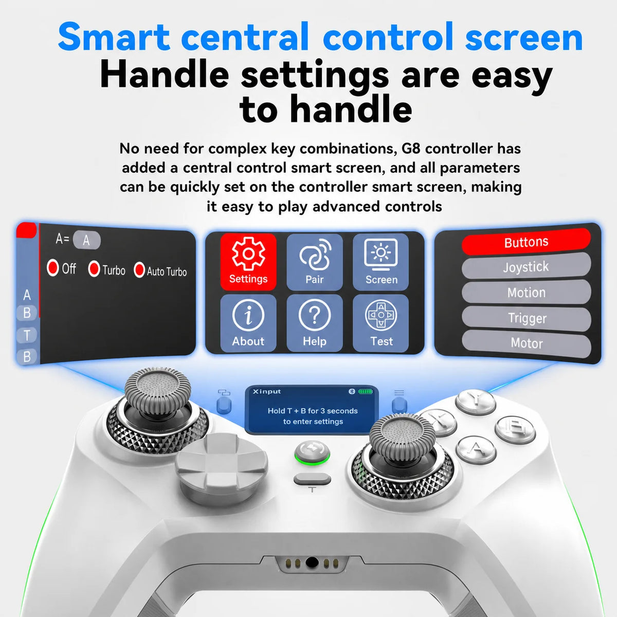 G8 Wireless Game Controller for PC Switch Android iOS Mobile Phone 4 Hall Operation-with TMR Hall Joystick, 30-90gf Adjustable Damping, Smart Screen, Turbo Macro RGB Light, 6-Axis Vibration Gamepad