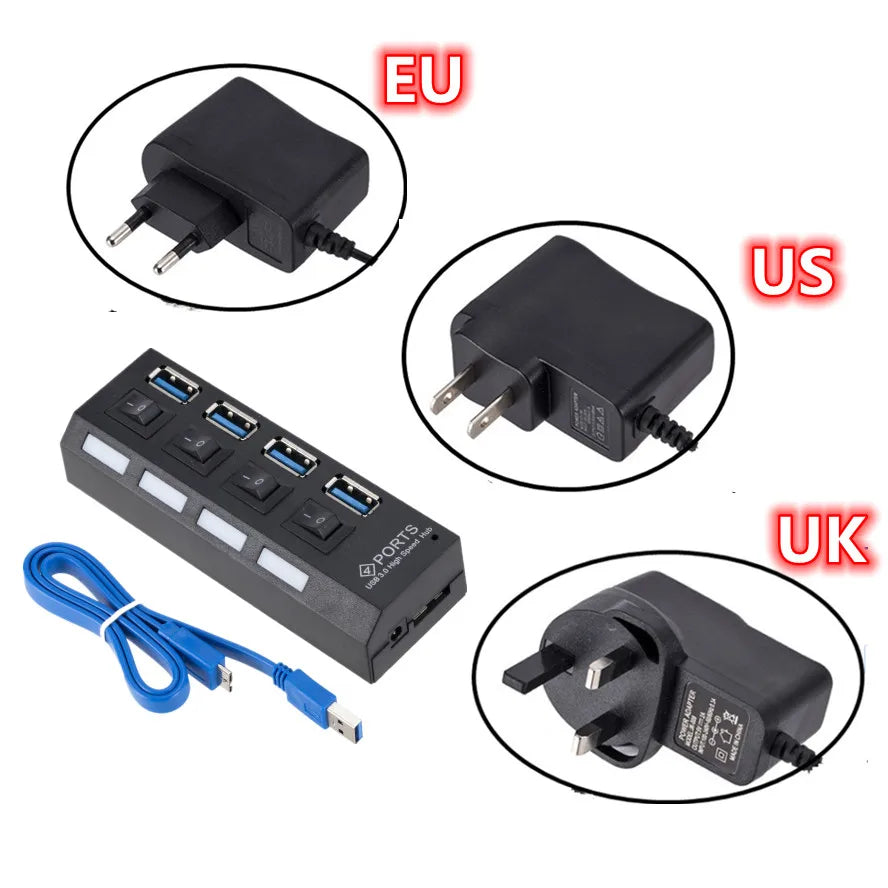 GRWIBEOU High Speed USB HUB 3.0 5Gbps USB 3.0 4 Ports HUB Newest Compact Lightweight Portable Adapter Hub with Power Supply