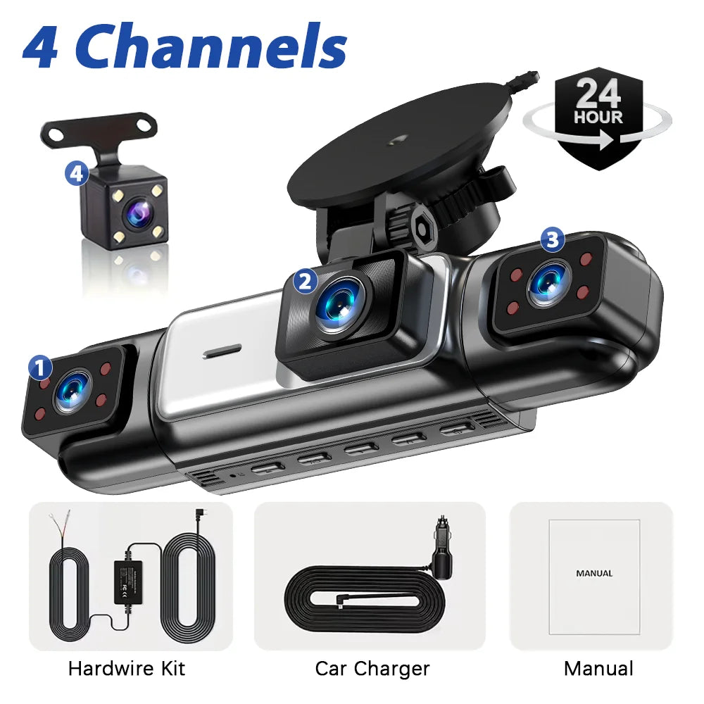 Dash Cam 4 Car Cameras Black Box Night Vision 24/7 Parking Reverse Parking Alert Video Recorder Loop Recording G-Sensor Car DVR