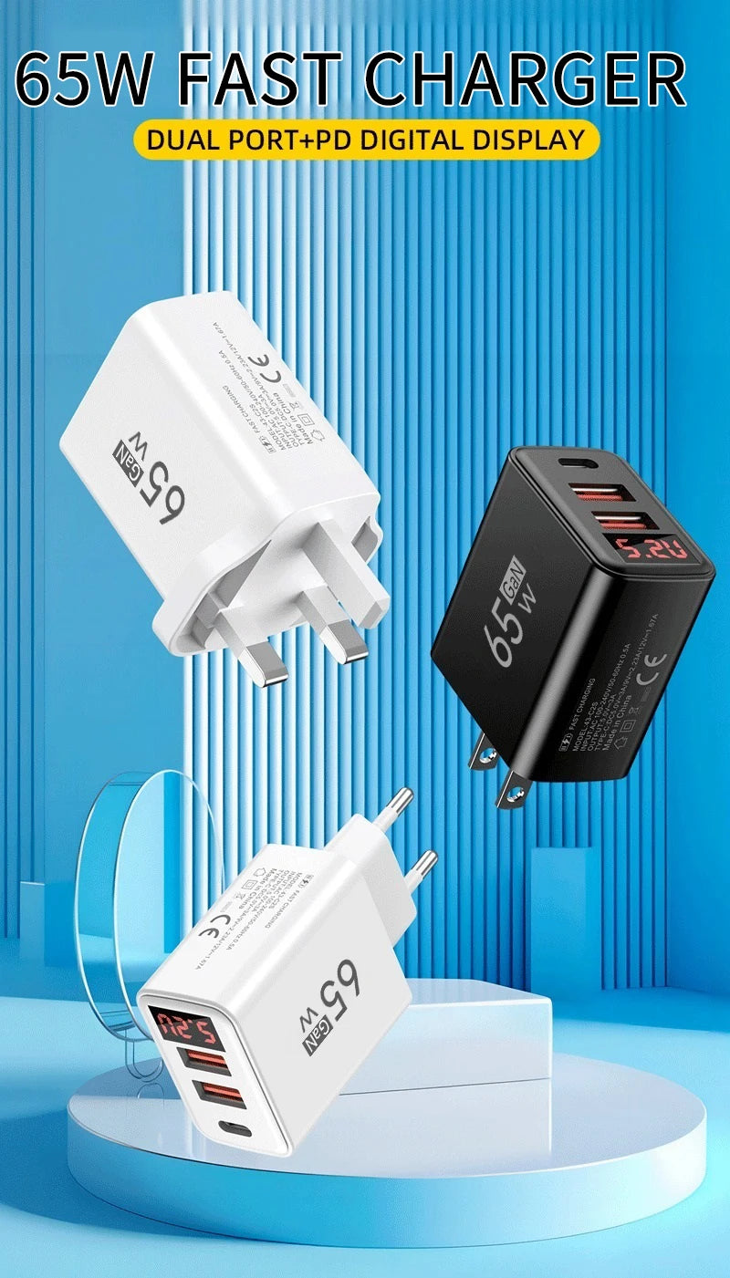 65W USB C Charger Fast Charger Phone Charger Adapter with LED Display QC3.0 EU/US/UK Plug For iPhone Samsung Xiaomi Wall Charger