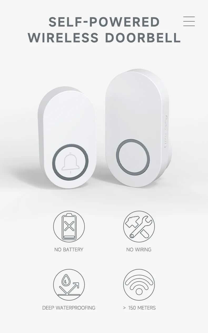 Newest Household High Volume Self Powered Wireless Doorbell US/EU/UK Plug Battery Free 60 Songs Waterproof Kinetic Door Bell