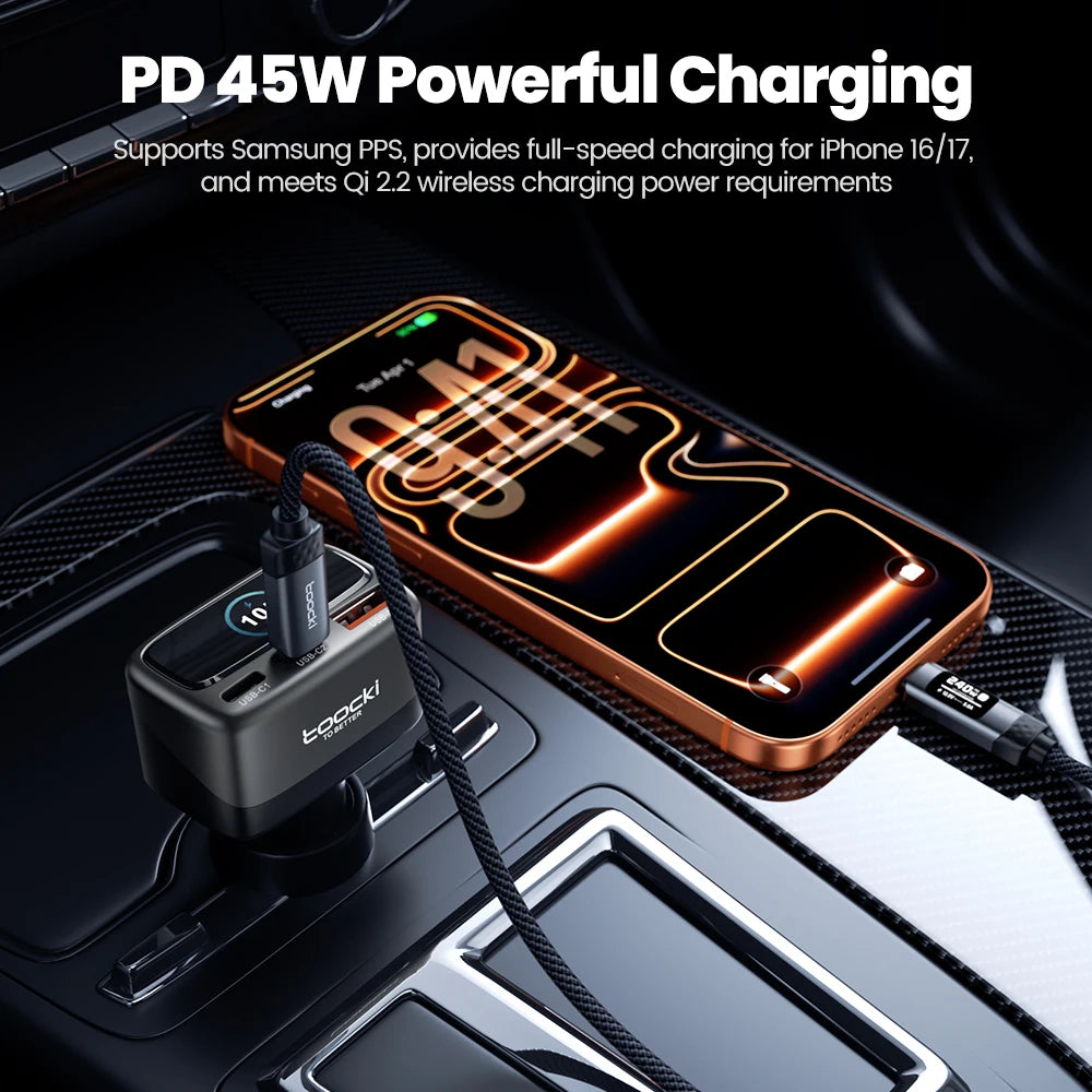 Toocki 105W 3-in-1 Car Charger PD 45W 30W PPS Fast Charging Type C Display Car Phone Charger For iPhone 17 16 Samsung S23 S24