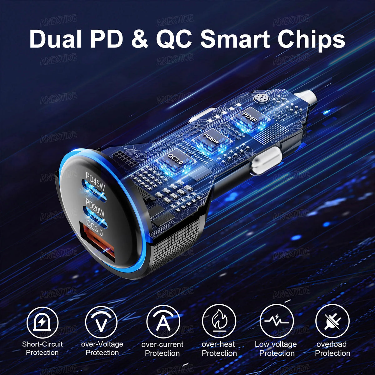 USB C Car Charger, 3-Port 67W Dual USB-C & USB-A Car Power Adapter PD/QC Fast Charging Cigarette Lighter for iPhone 16/15/14/13