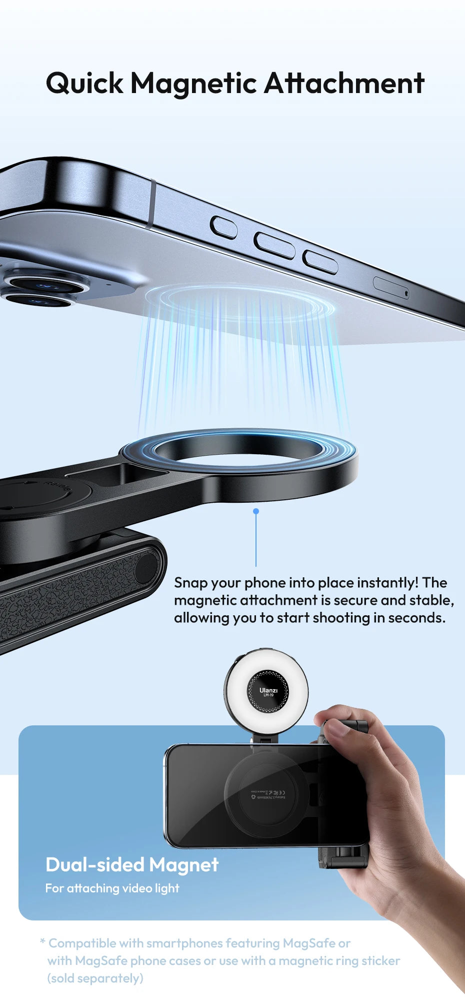 Ulanzi JJ03 Magnetic Phone Tripod Wireless Phone Grip Selfie Stick Desktop Tripod with Remote Control Photography Livestreaming