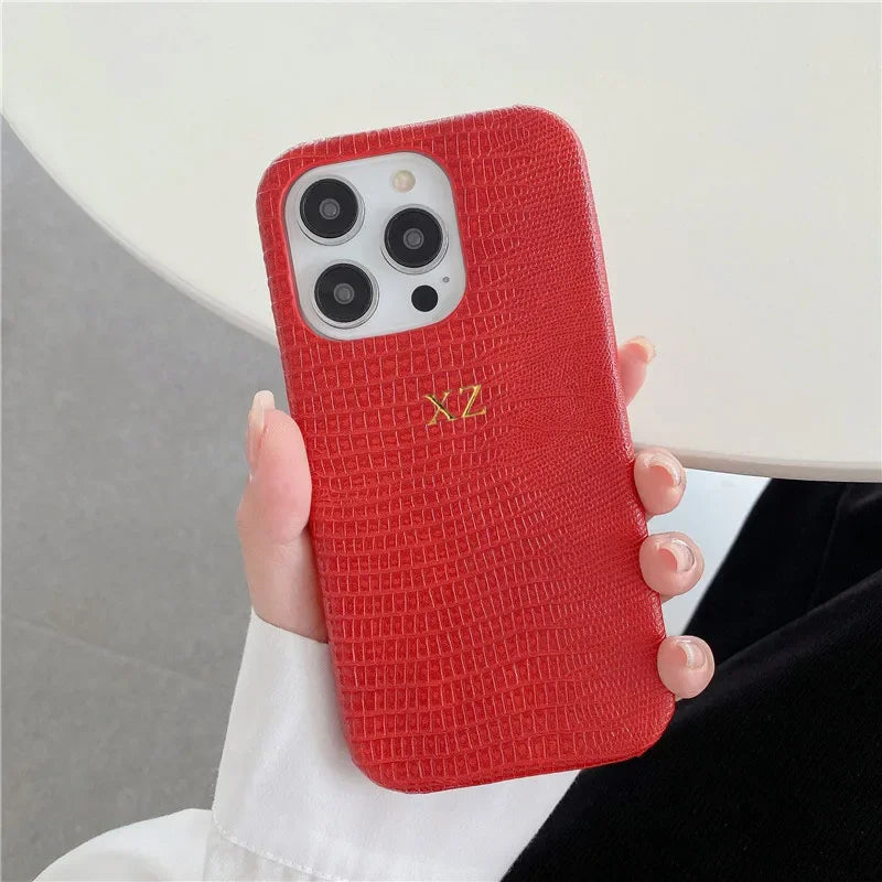 Personalise Gold Initials Letters Leather Case For Iphone 17 Pro Max 16 15 14 13 Pro Max Luxury Lizard PU Hard Cover