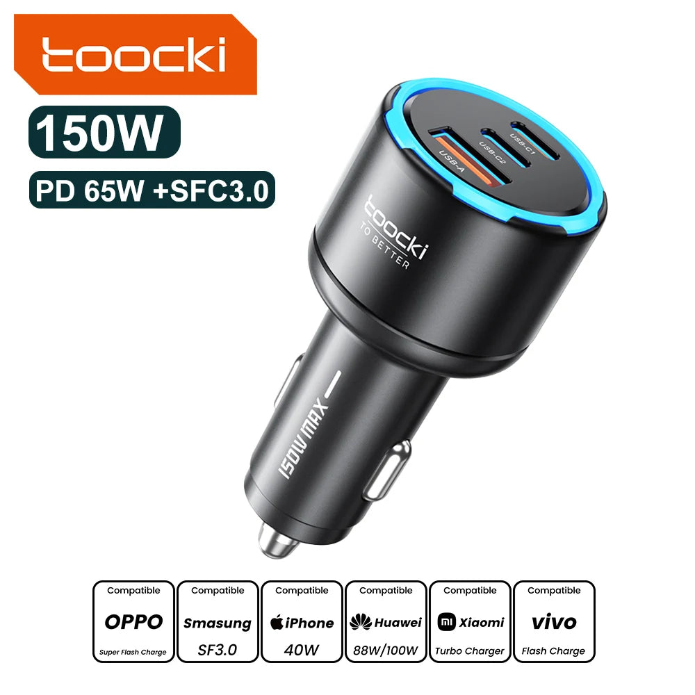 Toocki 150W USB C Car Charger PD3.0 PPS SFC3.0 for iPhone 17 Samsung S26 Ultra Xiaomi Huawei Fast USB Type C Car Phone Charger