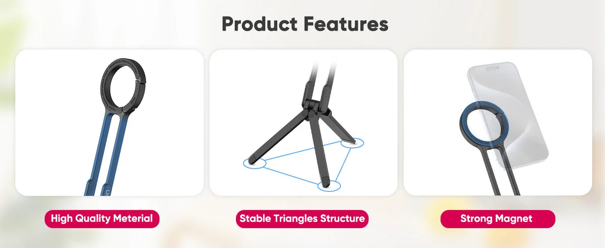 Alloy Magnetic Phone Tripod Foldable Portable Stand Carabiner-Mounted Desk Support with 3 Magnetic Rings for iPhone 14 15 Xiaomi