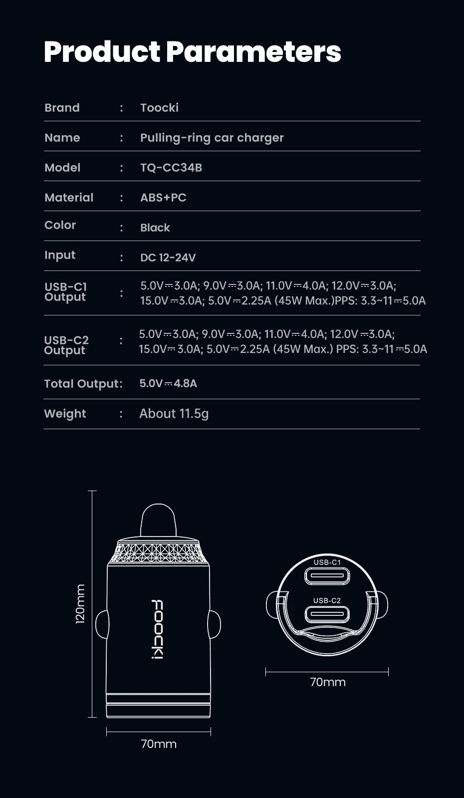 Toocki 45w Car Charger Dual Type C PD45w Fast Charging Car Phone Adapter For Xiaomi iPhone Oneplus Samsung Huawei POCO Cellphone
