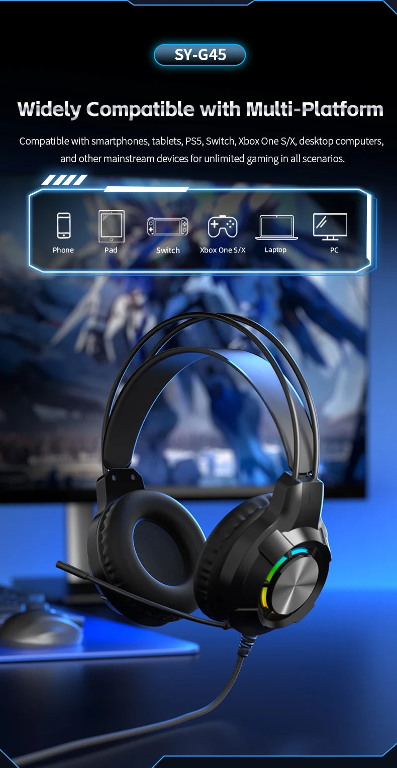 Over-Ear Gaming Headphone 7.1 Surround Sound ENC Noise Cancelling Mic RGB LED Wired Headset for PC PS4 PS5 Xbox Laptop Desktop