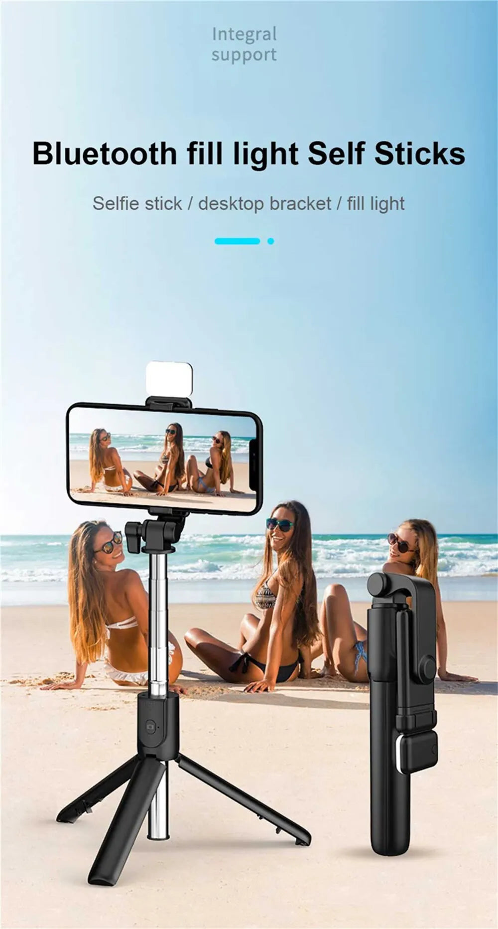 Portable Bluetooth Selfie Stick Tripod Holder with Remote Shutter Fill Light Extendable Wireless Remote Retractable Phone Stand