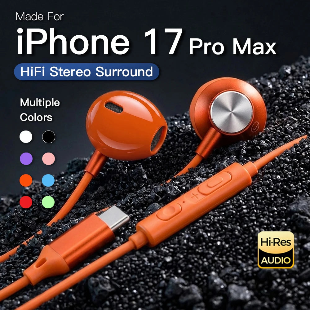 For iPhone 17 Pro USB Type C Headphones HiFi Surround Sound Earphones in Ear 3.5mm Wired Earbuds For iPhone 16 15 Pro Max Air