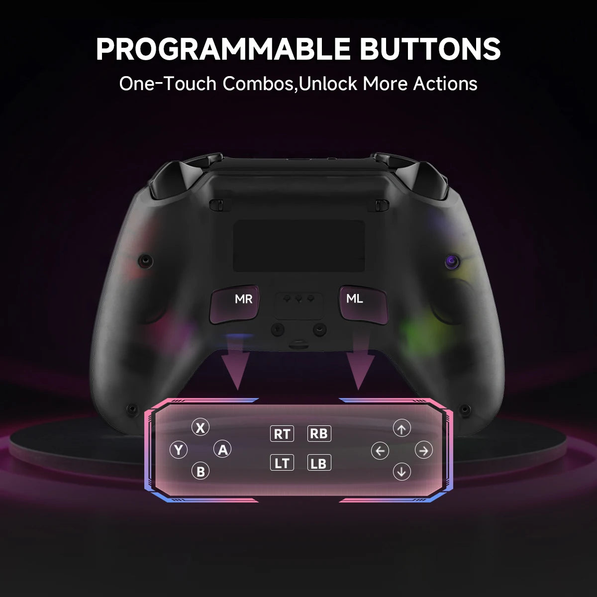 Transparent Wireless Controller HG-04D for PS5/PC/iOS/Android/Steam with BT 5.3,Macro Button,Touchpad,Hall Triggers & Joystick