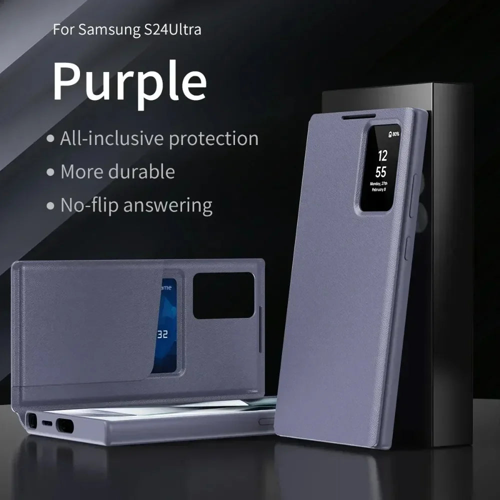 Original Business S-view Leather Flip Case For Samsung S25 S24 S23 S22 Plus Ultra LED Display Windows Card Pockets Protect Cover