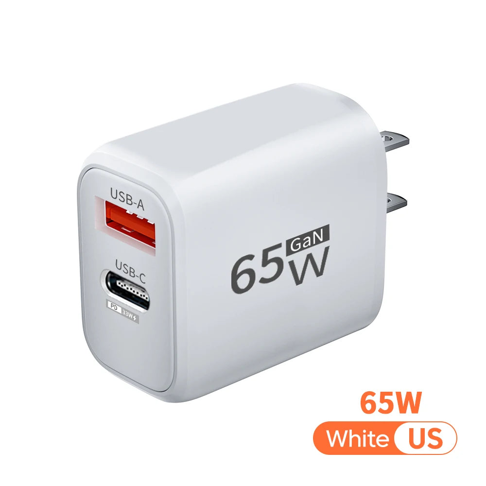 PD 65W GaN 2 In 1 Charger for iPhone 18 17 XiaomiEU/US Plug USB Type C Fast Charging Wall Charger Portable Quick Charge Adapter