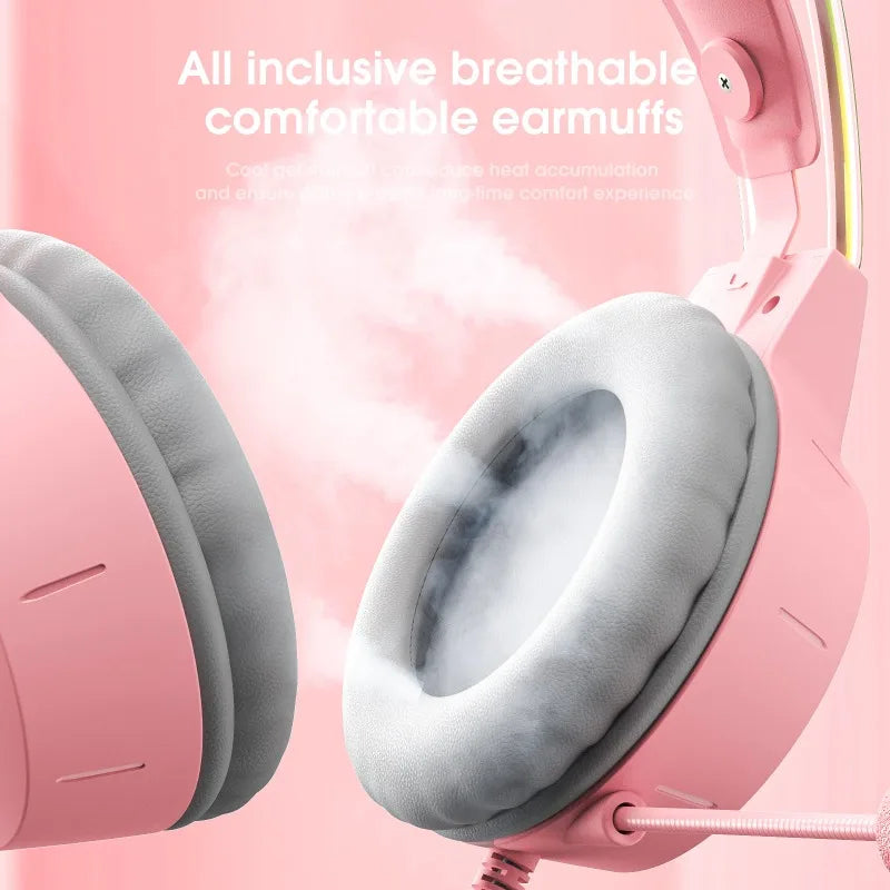 ONIKUMA X15 Pro Pink Cat Ear Gaming Headset Wired RGB Headphones 50MM Driver 3.5MM Stereo Sound Flexible Mic for PC PS4 PS5 Xbox