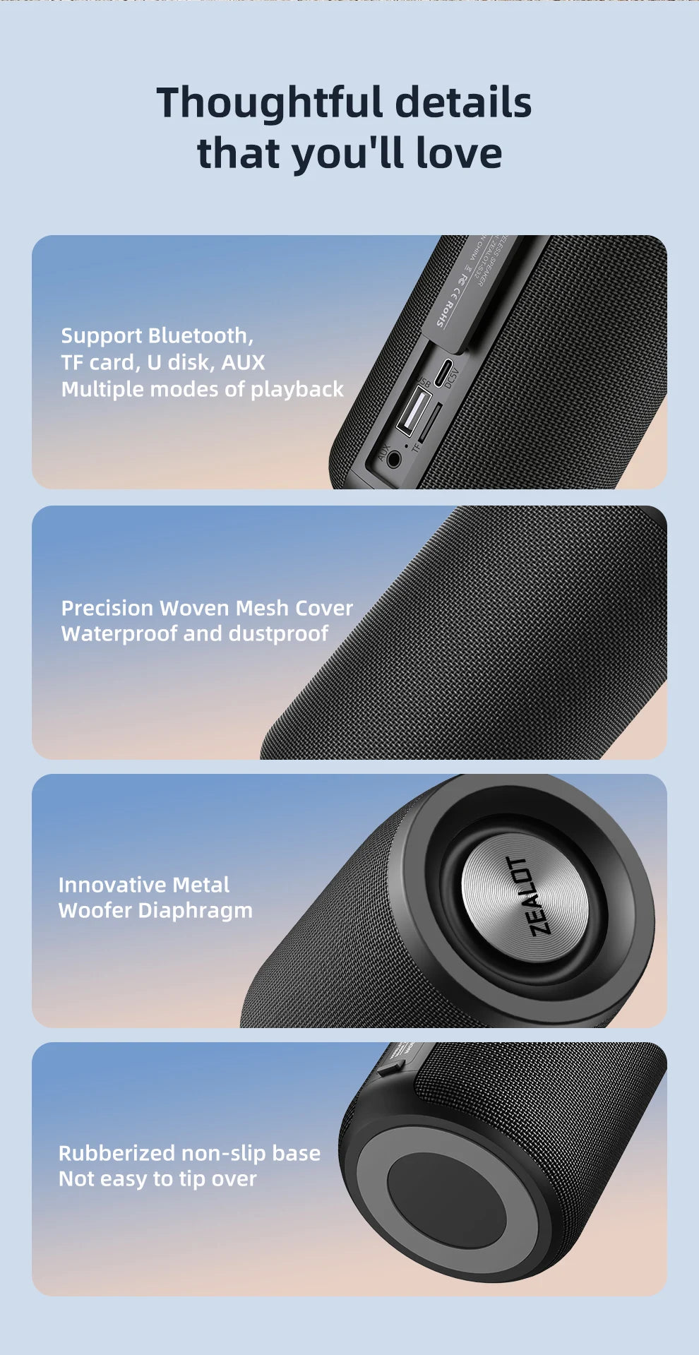 Zealot_S32 Wireless Bluetooth Speaker Mini Portable Subwoofer Speaker TWS Dual Pairing BT5.2 15W Wireless Speaker for Outdoor
