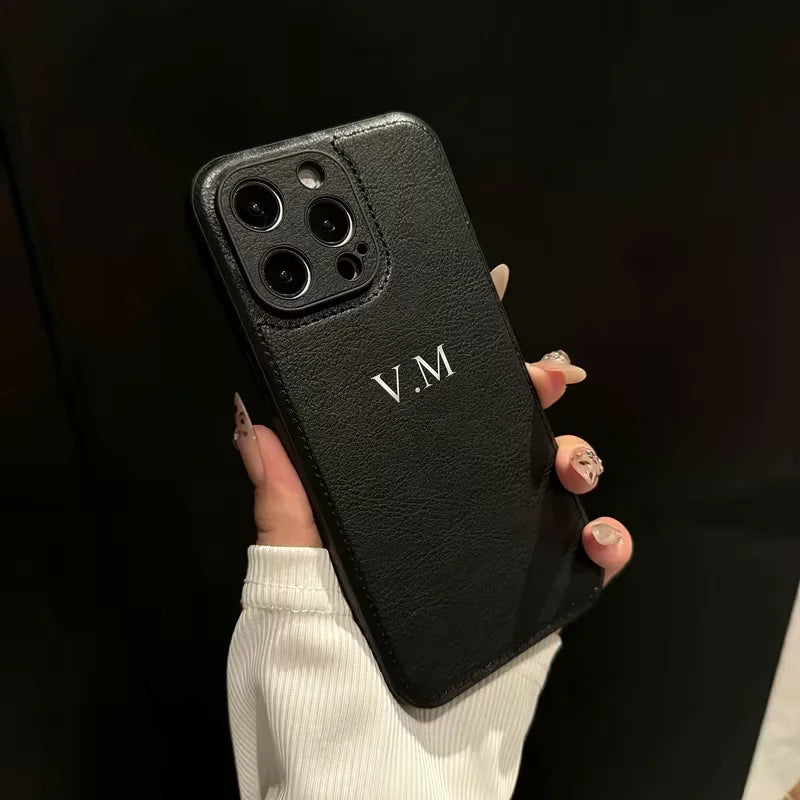 Personalized Customized Silver Hot Stamping Name Faux Leather Classic Business Phone Case For iPhone 17 16 15 14 13 Pro Max Plus