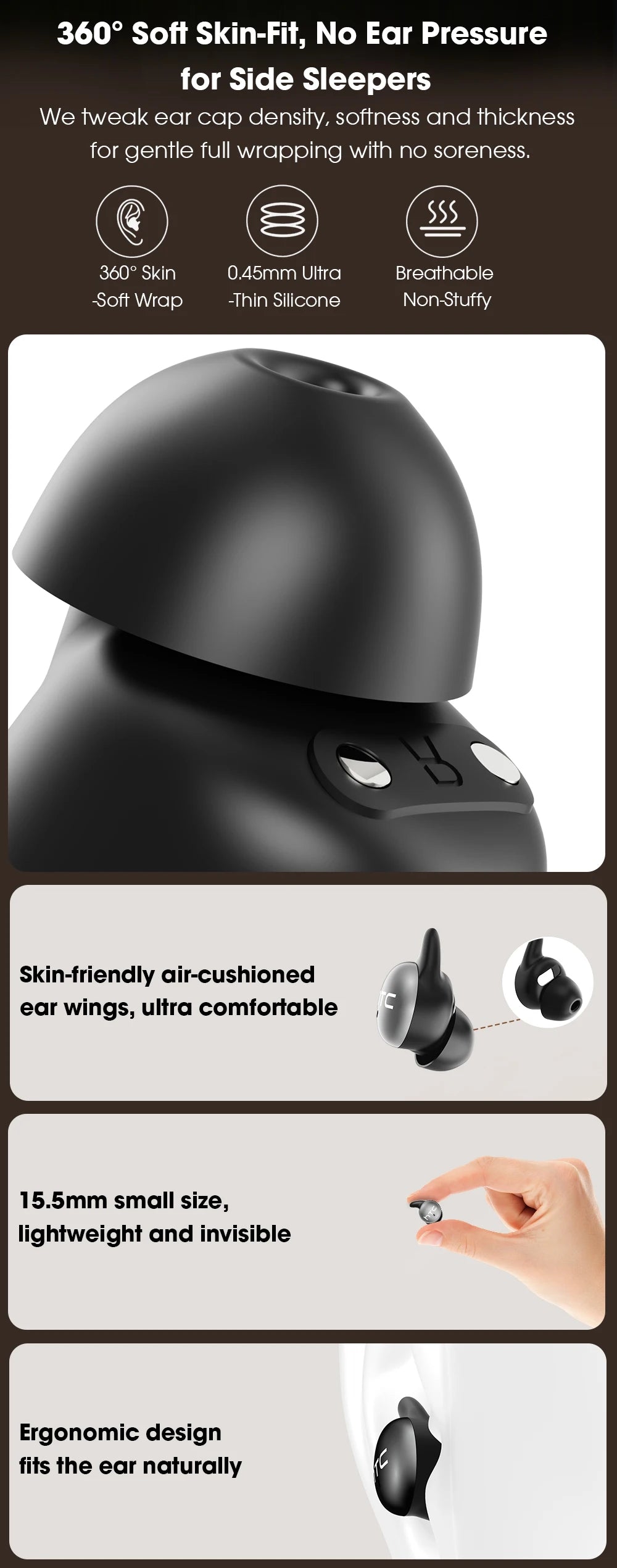 HTC NE90 TWS Sleep Bluetooth Earphones Wireless Bluetooth 5.3 Stereo Headphones Mini Sleeping Earbuds Long Battery Touch Control