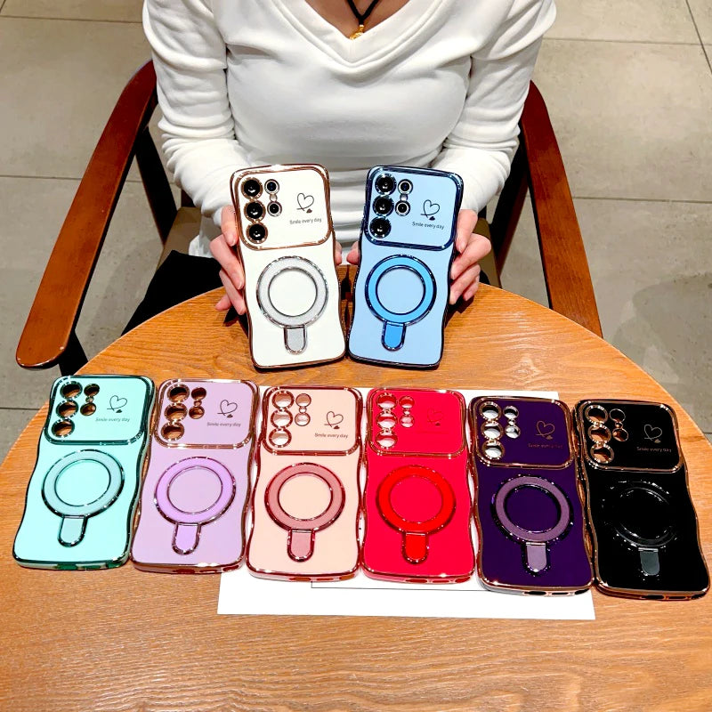 Plating Wave Shell Case For Samsung Galaxy S26 S25 S24 S23 S22 Ultra Plus FE A17 A55 A54 A15 A16 A35 A36 A56 Stand Holder Cover