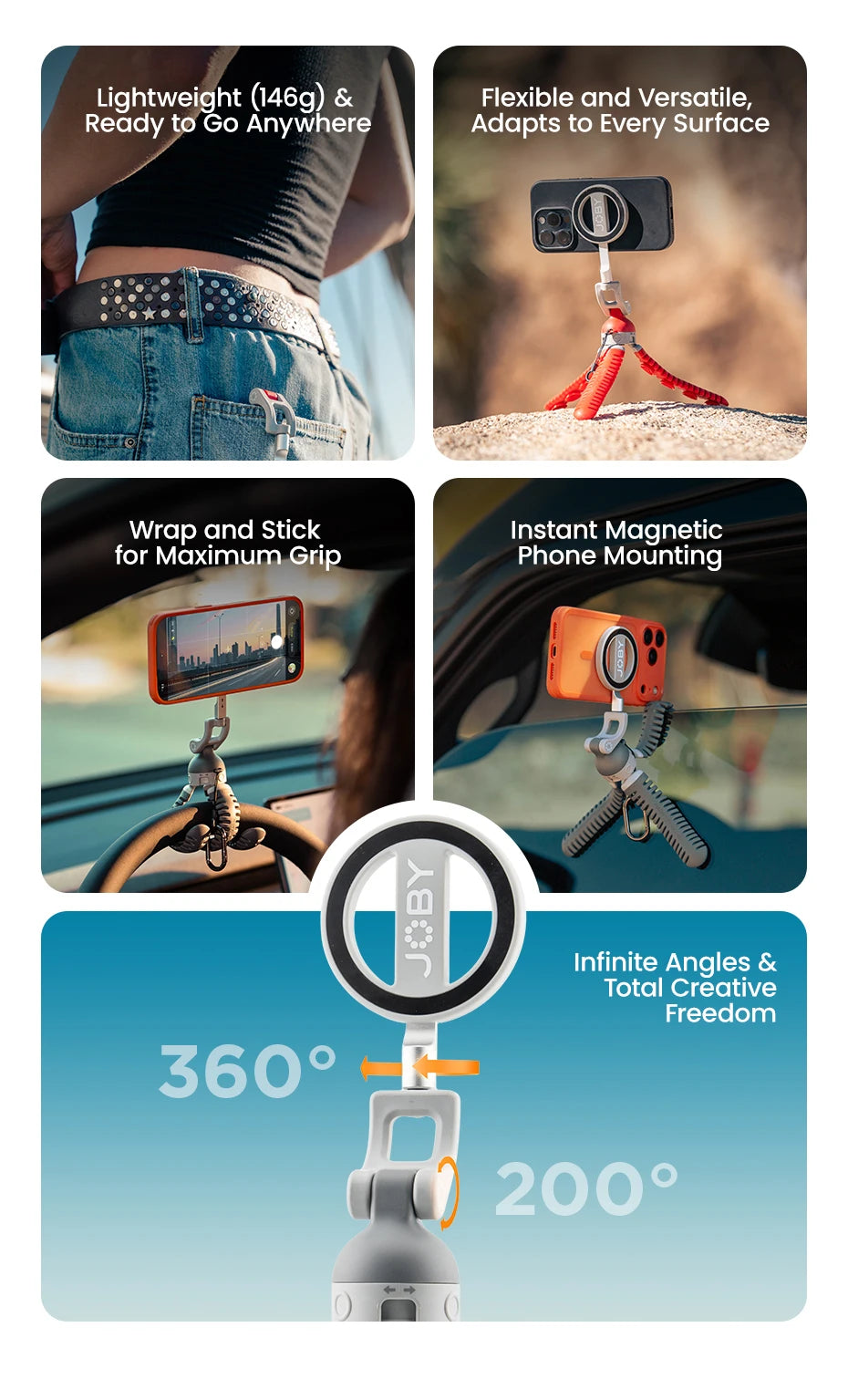 JOBY PZ01 PodZillaᵀᴹ Magnetic Octopus Suction Tripod with 360° Adjustable Flexible Tripod for Iphone 17 16 15 Android Car Vlog