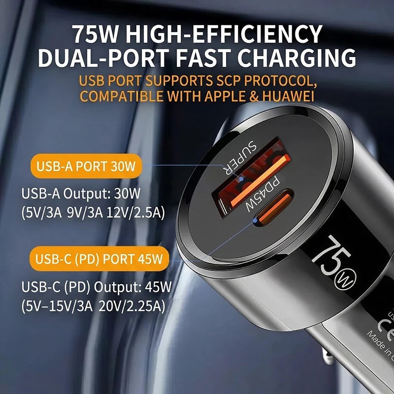 Dual Port 75W Vehicle Charger PD 45W QC 30W Fast Charging Auto Adapter Intelligent Chip Multiple Protections For Cars For iPhone